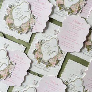 Elegante castillo francés, boda romántica en Francia, juegos de invitaciones de boda hechos a mano, invitaciones de papel de algodón, monograma, sellos de cera,