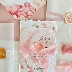 Pink Blush Wedding Invitation, French Provence Invitation, Floral Monogram, Deckled Edge, Torn Edge, Rose Peony Floral, Wax seals