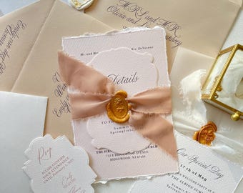 Beige Bespoke Wedding Invitation Suite, Handmade Paper Wedding Invitation, Deckled Edge Invitation, Romantic Wedding Invites, Cotton paper