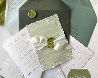 May include: Wedding invitation suite featuring green and white envelopes, a white card with embossed floral details, and a green card with the name "Anthony" in calligraphy. The text on the white card reads "Our Special Day 17th of May, Join us for an afternoon party to celebrate the marriage of Paula Zonde and Thomas Humphrey, The Albion Summit, September 17th, 2023, After Party, Sunday, May 14th, 2023".