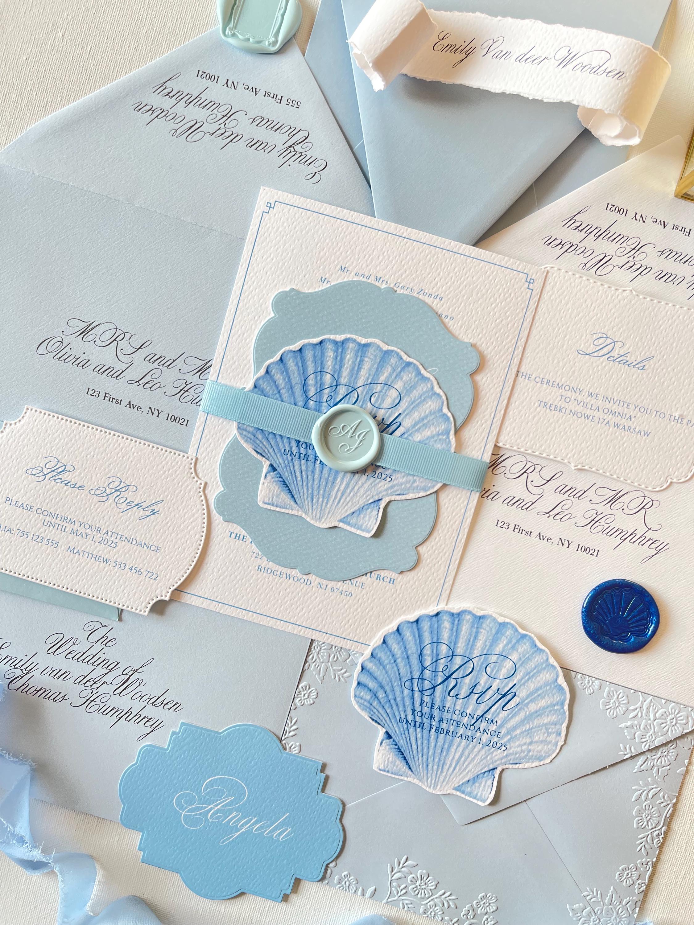 Blue Seashell Sea Beach Wedding Invitation, Wedding Crest Invitation ...