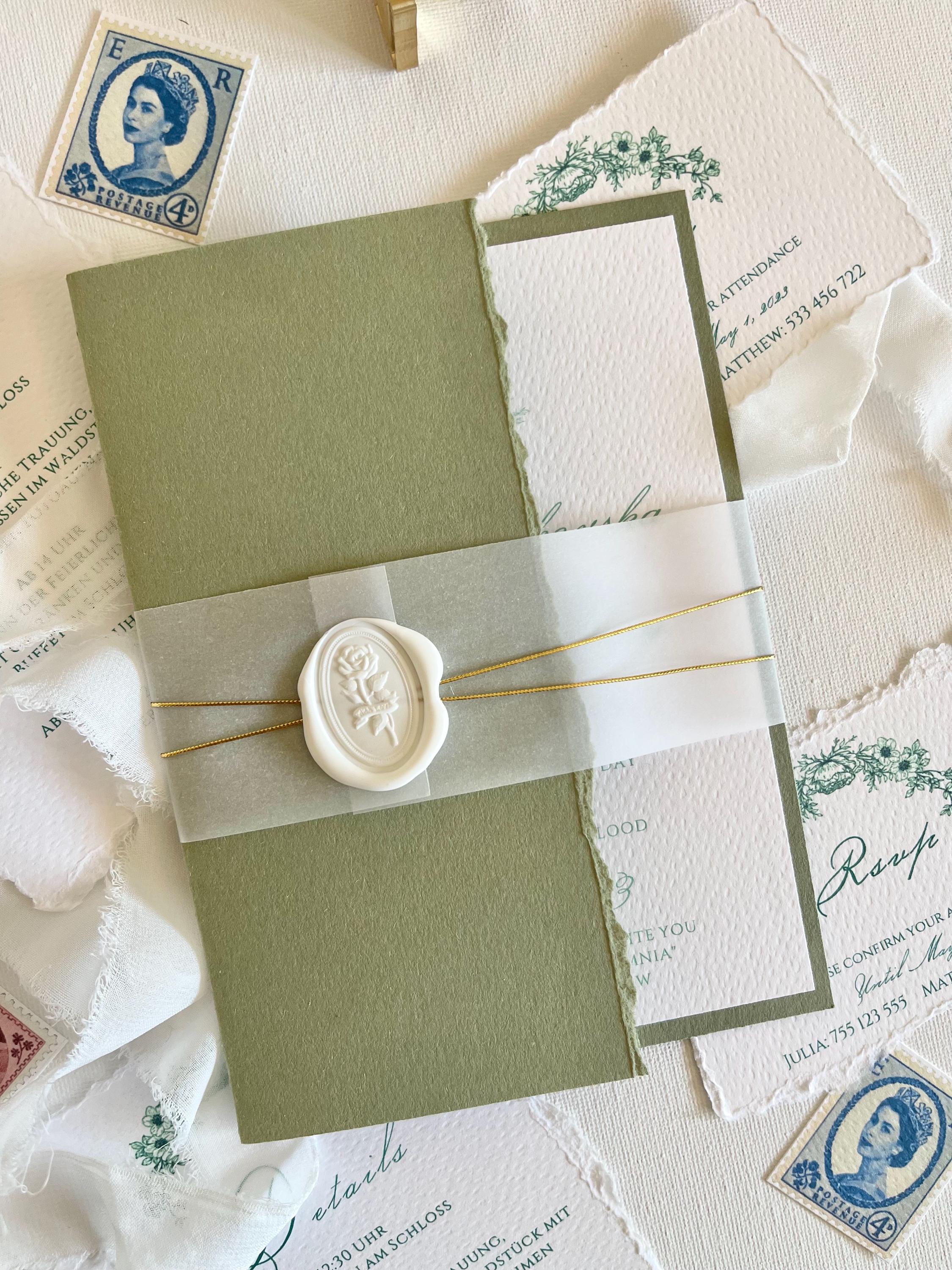 Sage Green Olive Handmade Paper Wedding Invitation