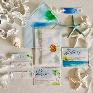 Modello di invito a nozze Bali Palms, invito a nozze, invito stampabile sul mare marino Mare ad acquerello con palme Matrimonio sulla spiaggia