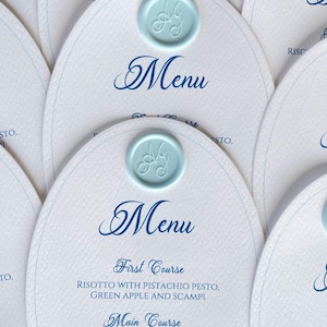 Menu ovale mariage papier coton, mariage Toscane mariage bleu bébé, bleu poussiéreux, menu mariage royal menu bleu