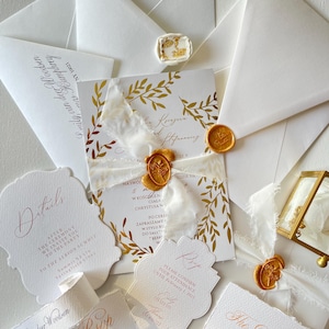 Gold Wedding Invitation, golden white Invitation, Bespoke personalized invitation, Deckled Edge, Torn Edge, White Floral, Wax seals goldfoil