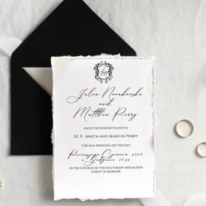 Invito a nozze fatto a mano in Toscana NERO Inviti di carta con bordo decorato, Bordo strappato, Nastri di seta, Sigilli di cera per matrimoni in carta di cotone,