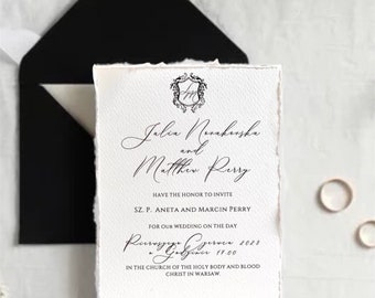 Tuscany BLACK handmade Wedding Invitation Deckled Edge Paper Invitations, Torn Edge, Silk ribbons, Cotton Paper Wedding Wax seals,