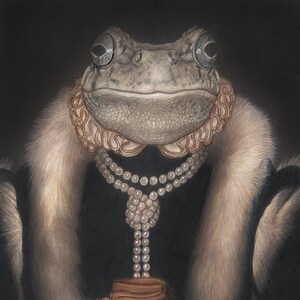 May include: A portrait of a frog wearing a fur stole, a pearl necklace, and a lace collar. The frog is holding a stack of brown cards in its hands.