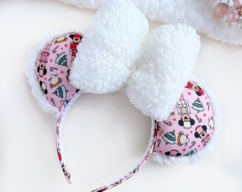 Christmas pink sherpa fluffy nutcracker mickey inspired mouse ears