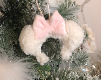 White and pink sherpa fluffy mouse ear tree decoration keyring