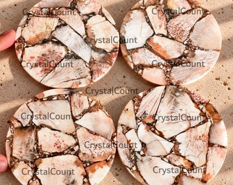 Handmade Natural Pink Scolecite Gemstone Coaster, Pink Crystal Stone Decor, Epoxy Resin Coaster, Round 4 Inch Coaster,  Home Decor Gift
