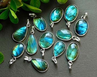 12 pezzi 158 carati di pietra preziosa naturale di labradorite ciondoli placcati in argento, cristalli semipreziosi multi fuoco fatti a mano 16x29-13 x 25 mm #12442