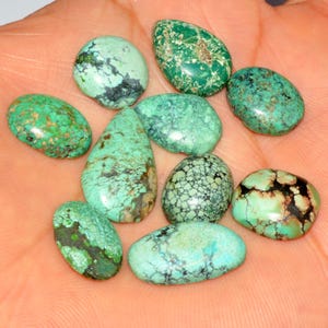 May include: A collection of nine turquoise gemstones in various shapes and sizes, ranging from oval to teardrop. The stones display a mix of light blue-green hues with dark brown and black matrix patterns. The gemstones are held in a hand.