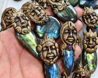 Natural Labradorite Clay Pendants Semi Precious Gemstone God and Goddess Polymer clay necklaces 51x25x15mm-69x22x15mm 120cts (Average)