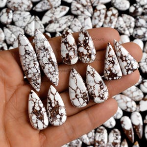 May include: A collection of white and brown patterned gemstones in various shapes, including teardrop and elongated forms. The gemstones are held in a hand, with more stones visible in the background. The stones have a marbled appearance.