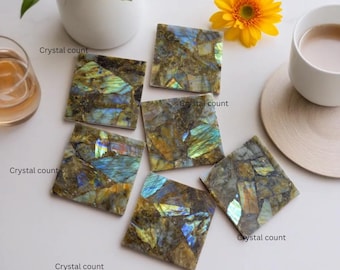 Natural Labradorite Square Gemstone Coaster With Epoxy Resin Multi Flash Slices Home Decor gifts Housewarming Gift for her size 4"