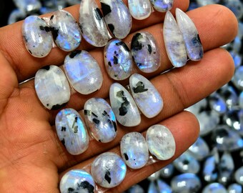 Natural Rainbow Moonstone Blue Flash Matched Gemstone Pair 12x12x3mm 17x13x3mm Avg 12Ct Cabochon Stones for Jewelry Making