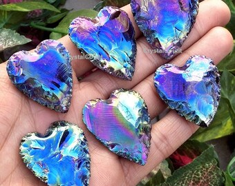 Obsidian Titanium Coated Aura Crystal Healing Stone Obsidian Heart Carving Stone Crescent Heart Obsidian Crystal Metaphysical Glass Gemstone