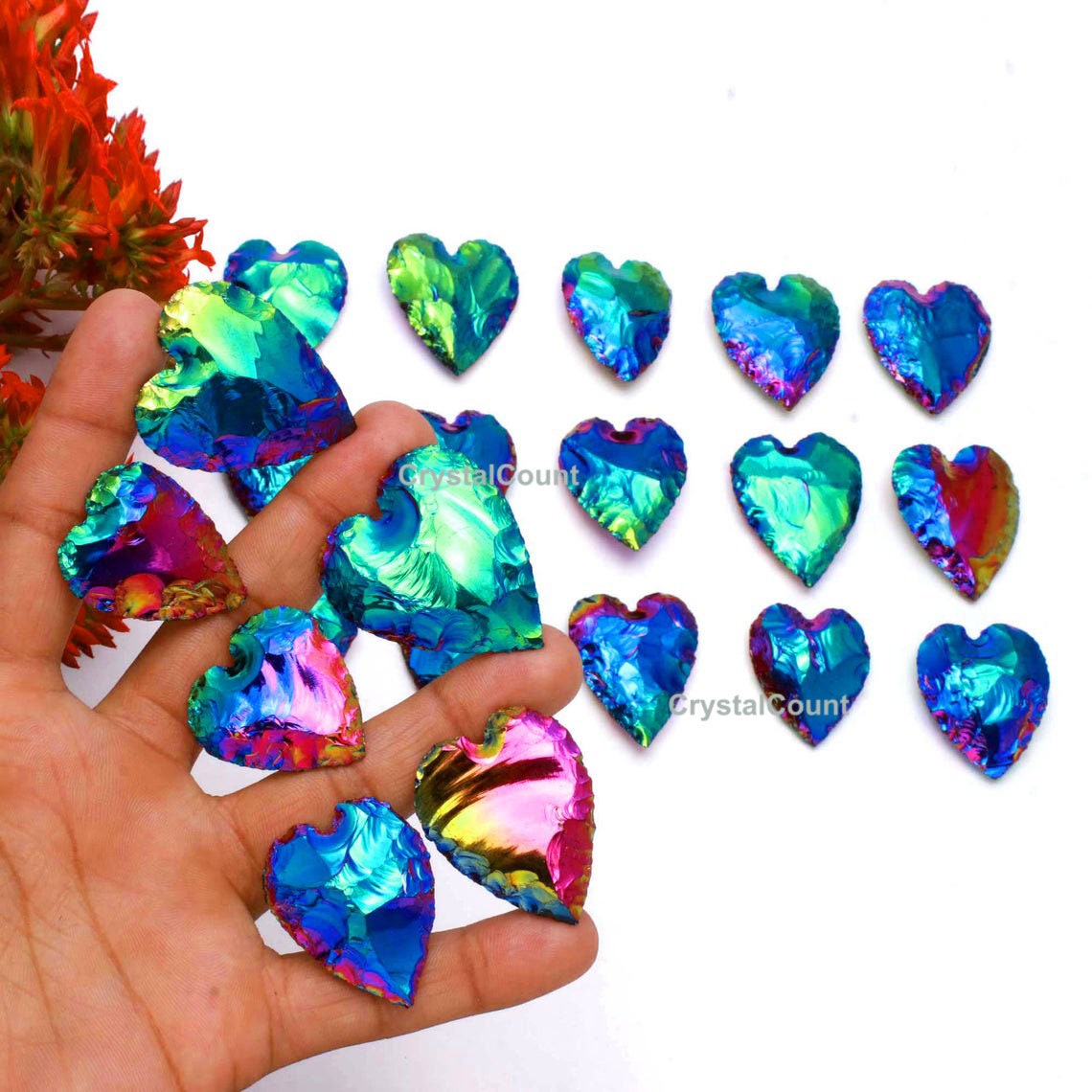 Obsidian Titanium Coated Aura Crystal Healing Stone Obsidian Heart Carving Stone Crescent Heart Obsidian Crystal Metaphysical Glass Gemstone