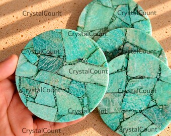 Natural Amazonite Round  Gemstone Coaster, Epoxy Resin Coaster, Blue Green Crystal Stone Decor, Round 4 Inch Home Decor Accessory Gift ,