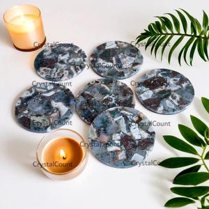 Natural Moss agate gemstone Round Coaster epoxy resin green decorative Gifts set 4 inch