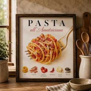 Può includere: Stampa incorniciata con un'illustrazione ad acquerello di Pasta all'Amatriciana. L'immagine mostra pasta su una forchetta, con pomodori e altri ingredienti. La parola "PASTA" è in alto, con "all'Amatriciana" sotto. Ingredienti in basso.