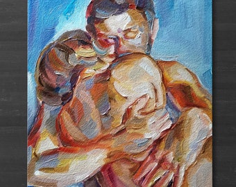 Original Oil Textured Painting, Impressionist Cuddle Couple Romantic Artwork, wall art decor 8x10 Inches