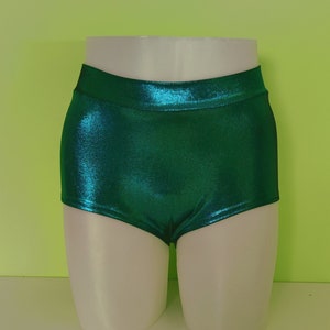 READY MADE - mid waist hot pants in Metallic Turquoise, UK8 / US6 / EU36, Pole Fitness, Dance Wear, Rave shorts