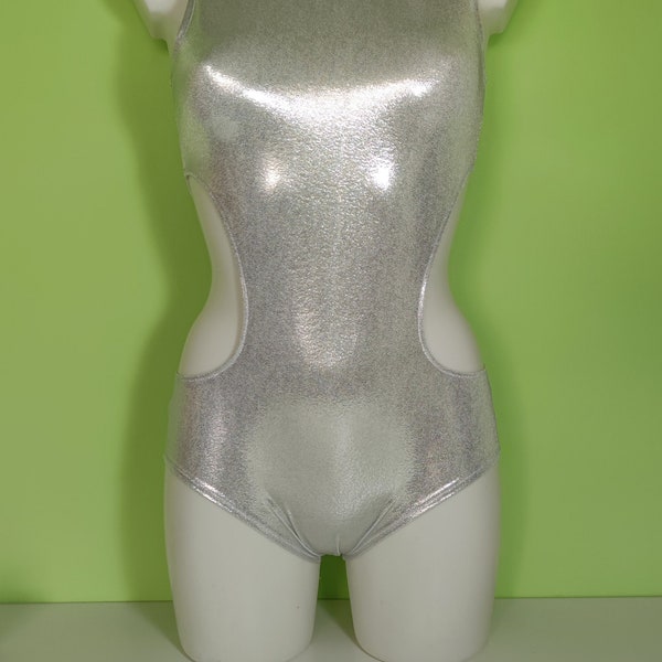 READY MADE - Cut Out Leotard in metallic silver lycra. UK8 US6 EU36