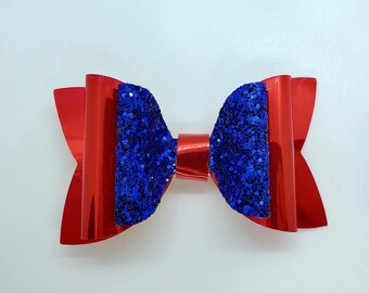 Red holographic vinyl blue glitter triple layer holiday style hair bow christmas bow glitter bow pretty hair bow for girls sparkly hair bow