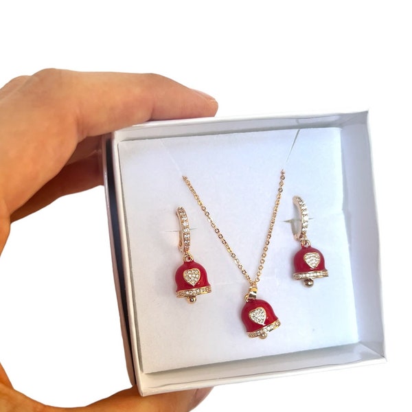 Saint Valentine Gift set - set regalo San Valentino - collana e orecchini rossi romantici con campanella e cuore strass