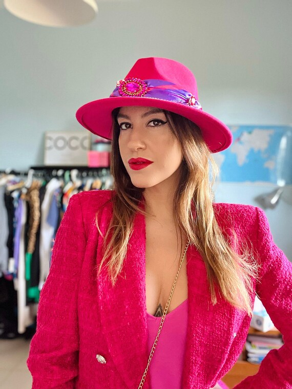 Celine-cappello Fedora/panama Fucsia Decorato Con | Etsy