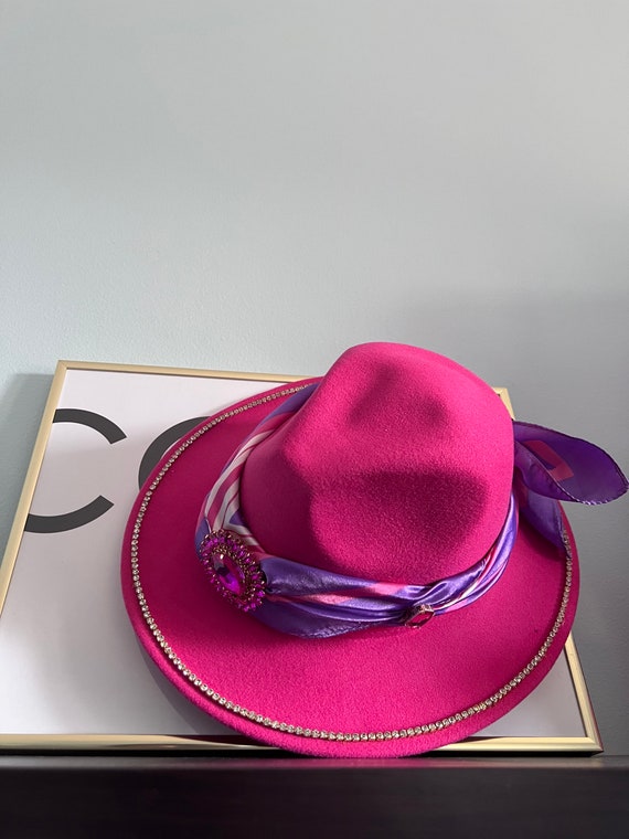 Celine-cappello Fedora/panama Fucsia Decorato Con | Etsy