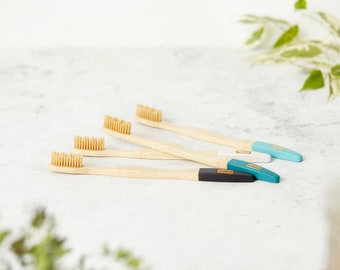 Bamboo Toothbrush Set of 4 • Wooden Soft Eco Toothbrushes • Reusable Tooth Brush by Jungle Culture • Zero Waste Dental Care