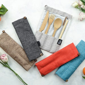 Bamboo Cutlery Set with Pouch | Zero Waste Reusable Utensil Kit | Eco Friendly Gifts Portable Flatware | Knife Fork Spoon Bamboo Straw