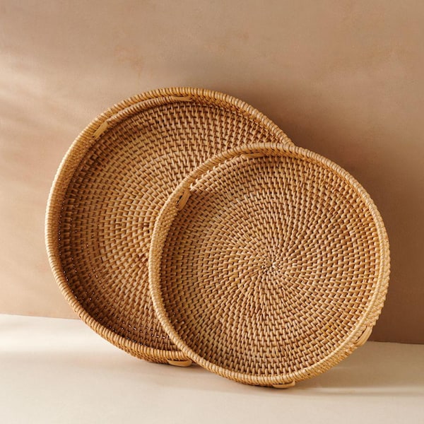 Rattan Trays Round • Large & Small Wicker Serving Tray Organiser with Handles • Dining Table Home Decor • Coffee Table Breakfast Basket