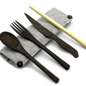 Reusable Travel Cutlery Set Bamboo Utensils Knife Fork Spoon Straw Picnic Lunch Flatware Jungle Culture