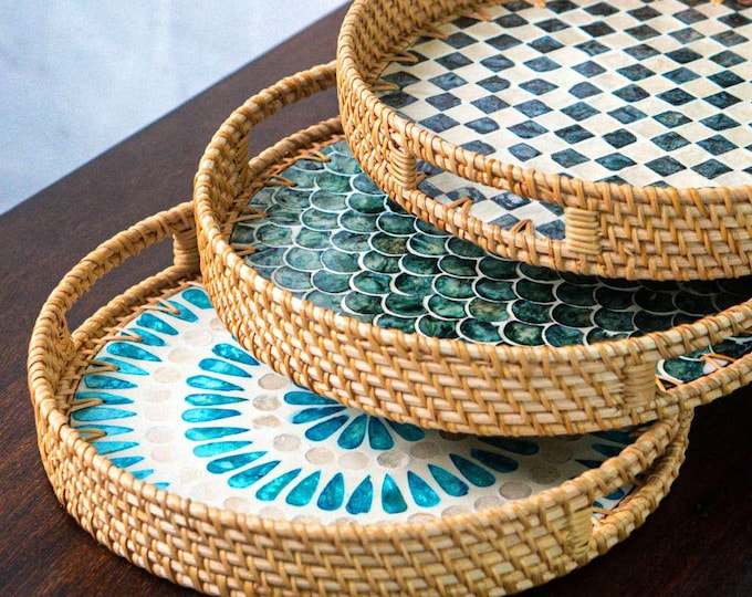 Rattan Tray with Mother of Pearl Inlay • Decorative Round Serving Tray • 30cm or 35cm • Handmade Boho Home Decor • Beach Themed Natural Home