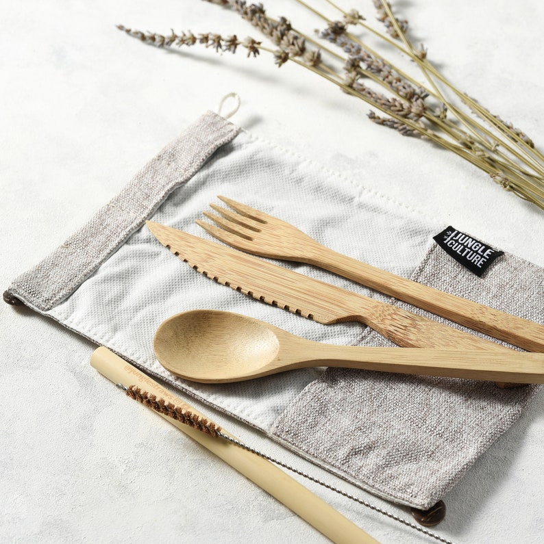 Bamboo Cutlery Set Zero Waste Reusable Utensil Kit Eco Friendly Gifts Portable Flatware Knife Fork Spoon Bamboo Straw & Bag