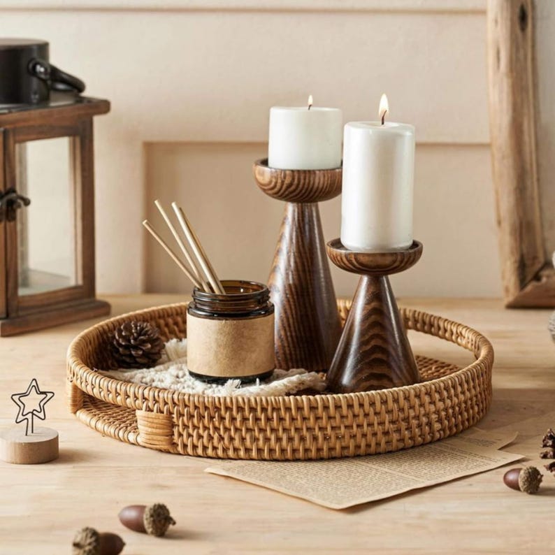 Rattan Trays Round • Large & Small Wicker Serving Tray Organiser with Handles • Dining Table Home Decor • Coffee Table Breakfast Basket image 2