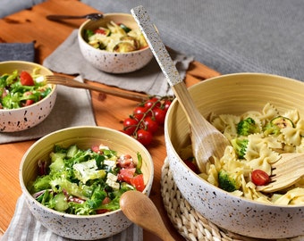 Insalatiera In Bamb&ugrave; Con Posate - Set Da 3 Pezzi Rotondo, Naturale E Elegante