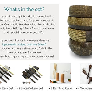 Zero Waste Gift Box 4 Coconut Bowls & Spoons 2 Wooden Cutlery Sets 2 Bamboo Cups Sustainable Eco Friendly Gifts Vegan Christmas Gifts for Her Him Stocking Filler