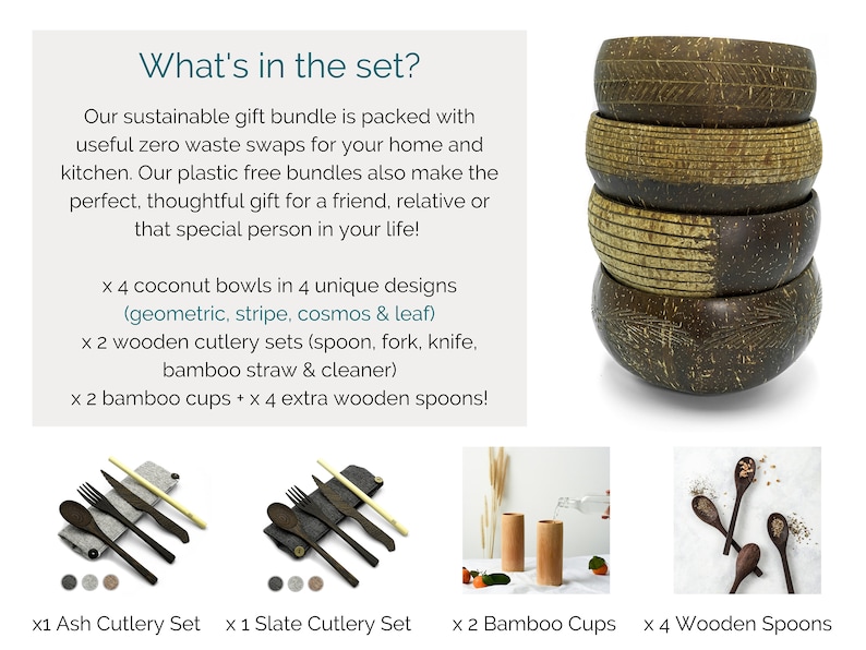 Zero Waste Gift Box 4 Coconut Bowls & Spoons 2 Wooden Cutlery Sets 2 Bamboo Cups Sustainable Eco Friendly Gifts Vegan Christmas Gifts for Her Him Stocking Filler