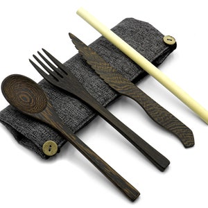 Reusable Travel Cutlery Set Bamboo Utensils Knife Fork Spoon Straw Picnic Lunch Flatware Jungle Culture