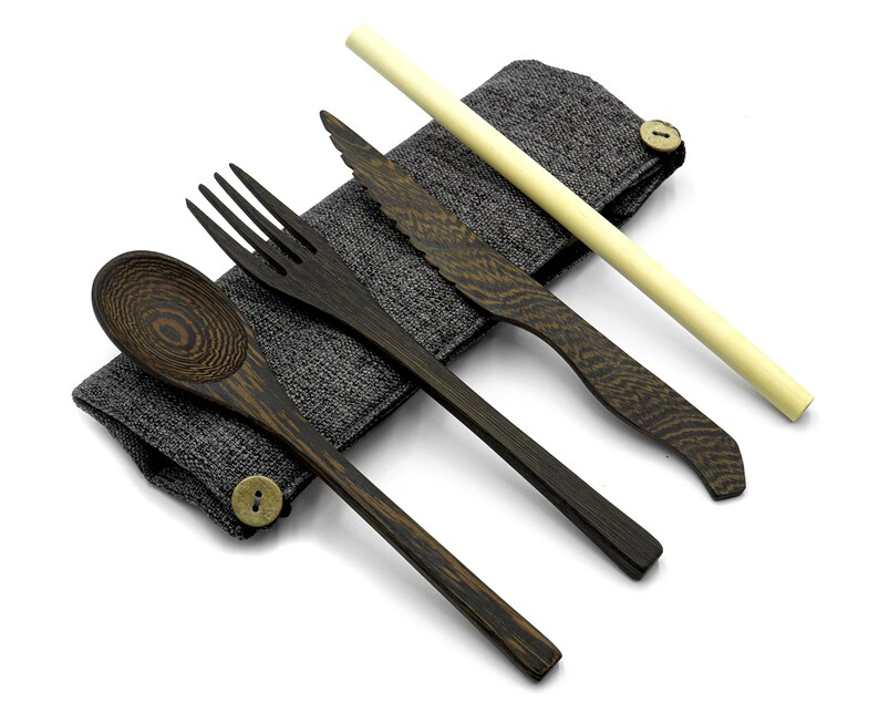 Reusable Travel Cutlery Set Bamboo Utensils Knife Fork Spoon Straw Picnic Lunch Flatware Jungle Culture