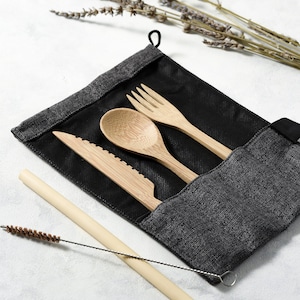 Bamboo Cutlery Set Zero Waste Reusable Utensil Kit Eco Friendly Gifts Portable Flatware Knife Fork Spoon Bamboo Straw & Bag
