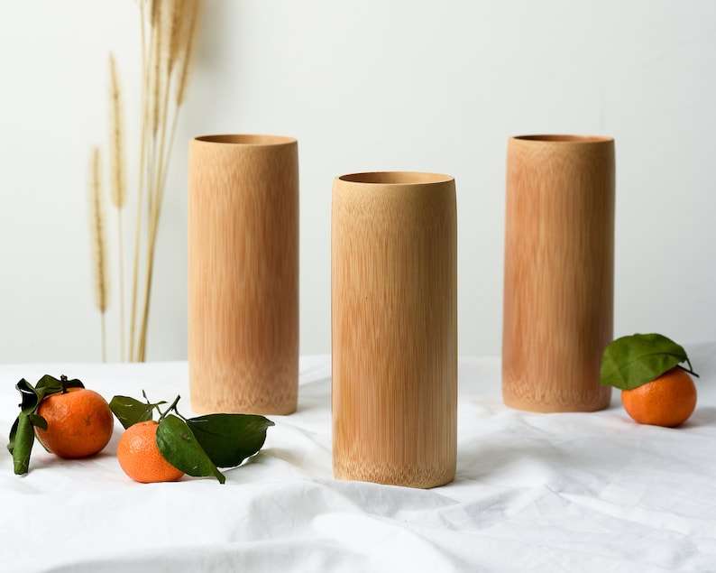 Natural Bamboo Drinking Cup Handmade Wooden Reusable Smoothie Cups Eco Friendly Gifts Sustainable & Zero Waste Coconut Bowls Bamboo Straws