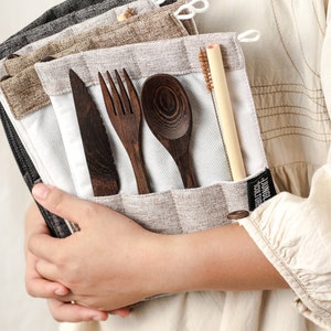 Handmade Wooden Cutlery Set • Zero Waste Alternative to Bamboo • Portable Travel Utensils, Reusable Straw & Pouch • Eco Friendly Vegan Gift
