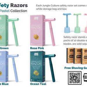 Reusable Safety Razor and Stands in Pink Blue Green Womens Female Ladies Girls Razor Set Double Edge Blades Sustainable Zero Waste Shaving Sustainable Gift Mens Shaver DE