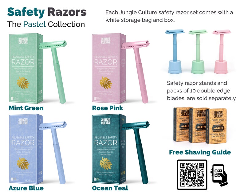 Reusable Safety Razor and Stands in Pink Blue Green Womens Female Ladies Girls Razor Set Double Edge Blades Sustainable Zero Waste Shaving Sustainable Gift Mens Shaver DE